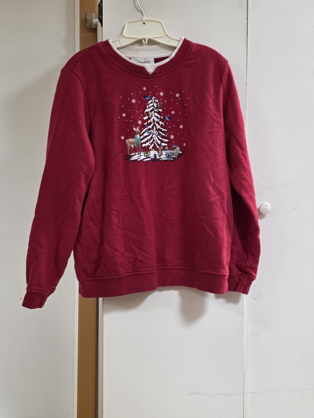 breckenridge Red Crewneck Sweatshirt with Festive Tree Embroidery